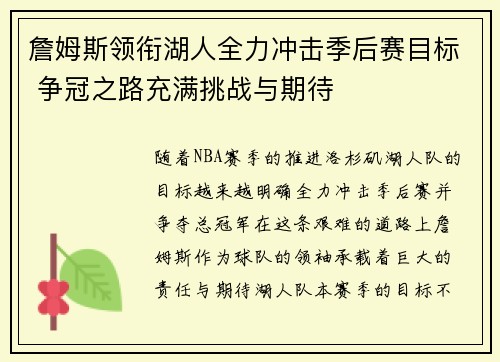 詹姆斯领衔湖人全力冲击季后赛目标 争冠之路充满挑战与期待