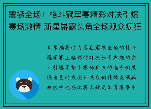 震撼全场！格斗冠军赛精彩对决引爆赛场激情 新星崭露头角全场观众疯狂欢呼